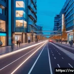 엣지 컴퓨팅 개념 - A futuristic smart city street scene at dusk, showcasing edge computing technology in action: intell...