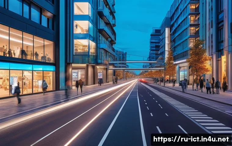 엣지 컴퓨팅 개념 - A futuristic smart city street scene at dusk, showcasing edge computing technology in action: intell...
