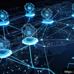블록체인 기반 통신 보안 - A futuristic decentralized blockchain network visualization showing numerous glowing interconnected ...