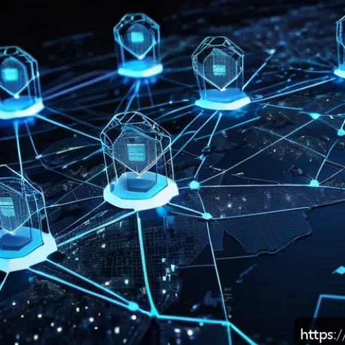 블록체인 기반 통신 보안 - A futuristic decentralized blockchain network visualization showing numerous glowing interconnected ...