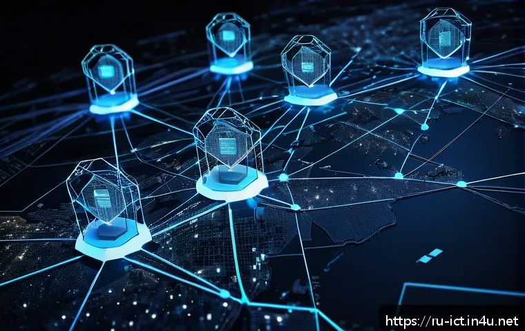 블록체인 기반 통신 보안 - A futuristic decentralized blockchain network visualization showing numerous glowing interconnected ...