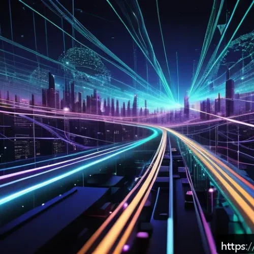 컴퓨터 네트워크 개념 - A detailed digital illustration of data packets traveling through an intricate network of glowing fi...