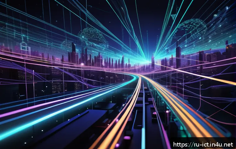 컴퓨터 네트워크 개념 - A detailed digital illustration of data packets traveling through an intricate network of glowing fi...