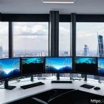 네트워크 시뮬레이션 도구 - A modern IT professional workspace featuring a sleek laptop displaying a complex network simulation ...