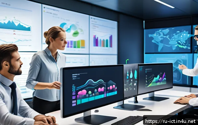 클라우드 컴퓨팅 네트워크 - A modern office environment showing a diverse team of professionals collaborating efficiently using ...