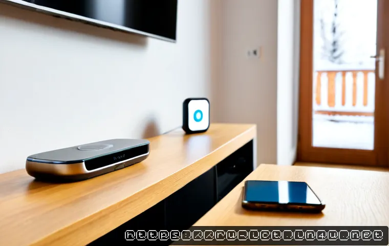 IoT 디바이스 보안 - Photorealistic close-up of a modern smart home security setup in a Russian apartment, a connected th...