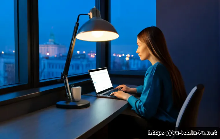 VPN 기술과 구현 - Photorealistic home office in a modern Moscow apartment at dusk, Russian remote worker seated at a c...